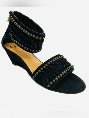 NEW Kelsi Dagger Bowen Black Wedge Sandals with Bronze Metal Accents, 7.5